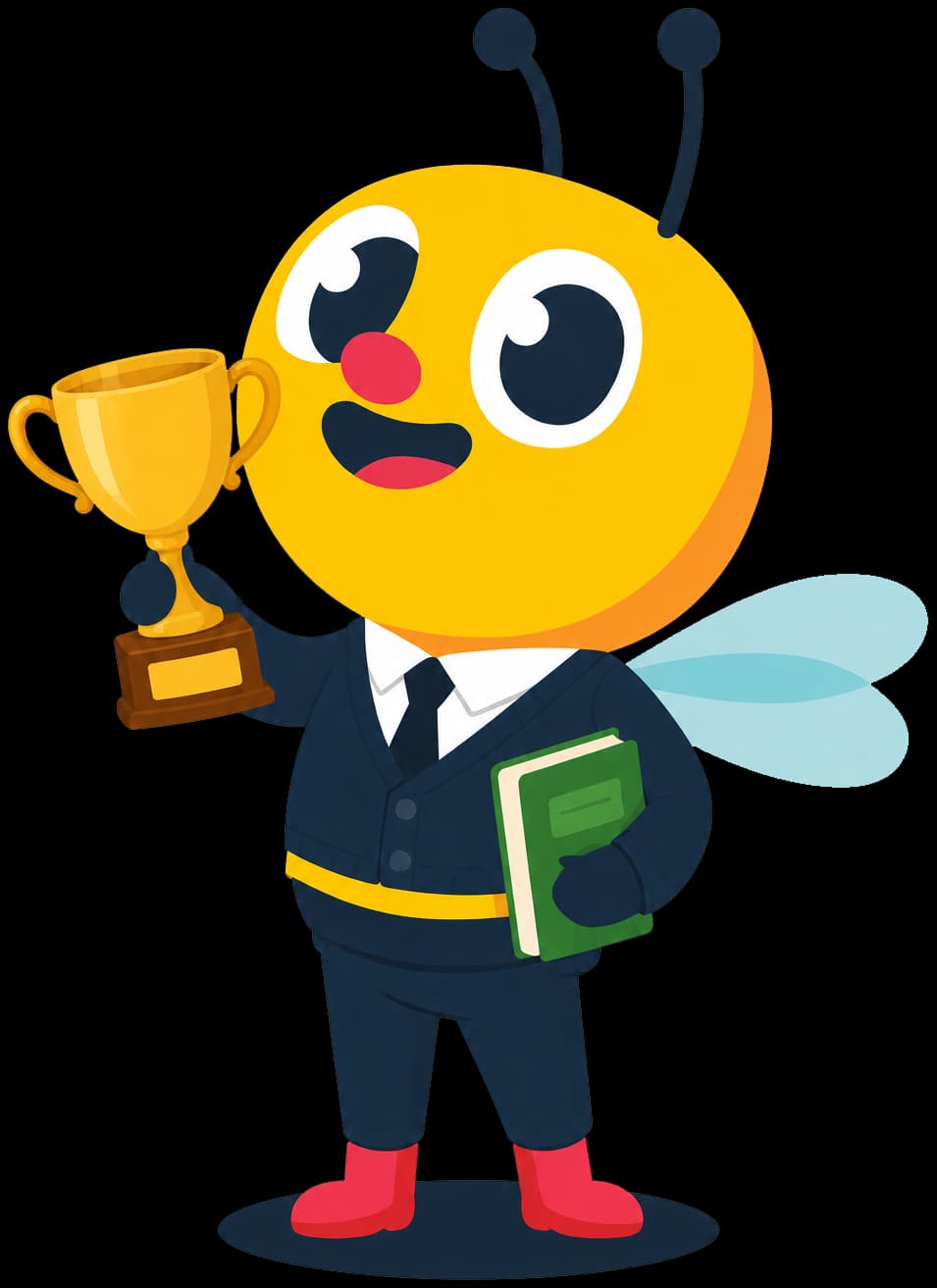 Busy Bees bee in a suit holding a trophy