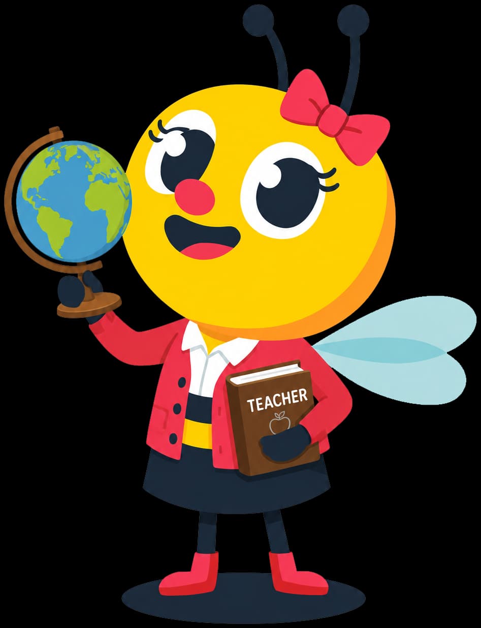 Busy Bees teacher bee with a globe and handbook